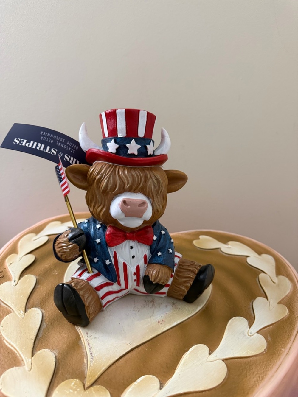 Stars & Stripes 4th of July Resin Highland Cow with Patriotic Outfit & Flag